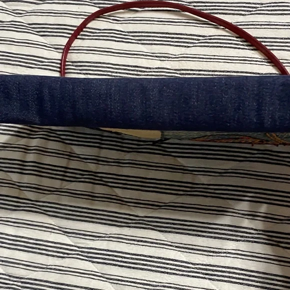 Ralph Lauren Straw & Denim Embroidered Wristlet with Pink and Green Accents - Picture 5 of 6